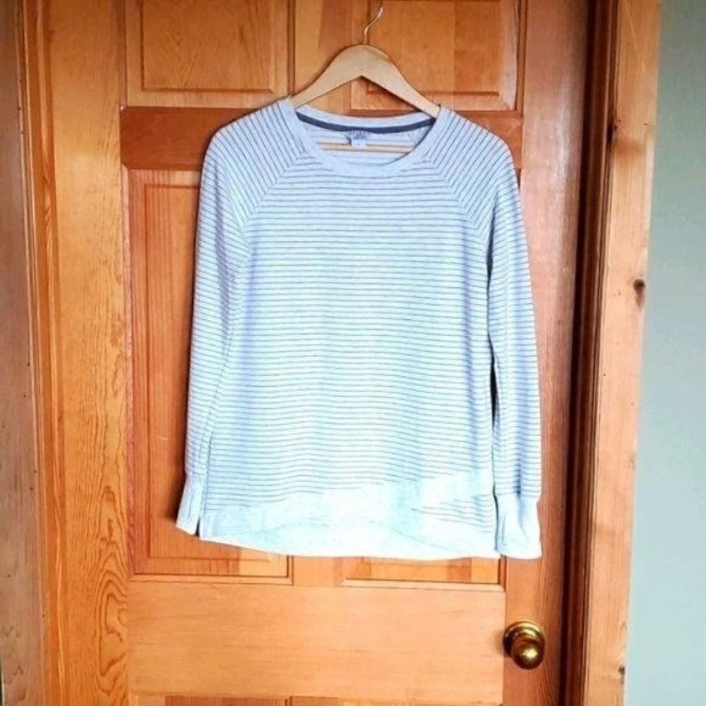 Danskin Now Grey White Striped Crossover Hem Pullover Top Small Thumbholes
